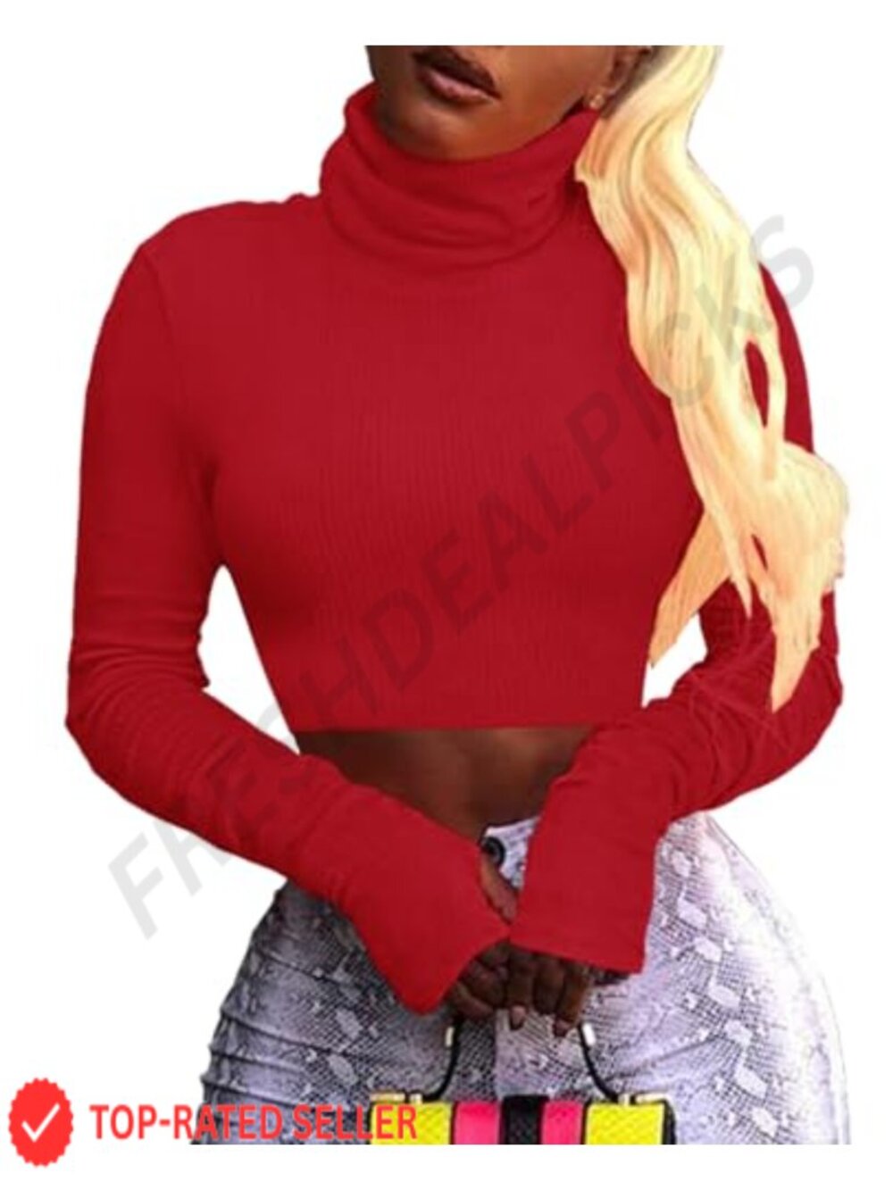 Women Ribbed Turtleneck Crop Top Long Sleeve Thumb Hole Slim Fit Pullover